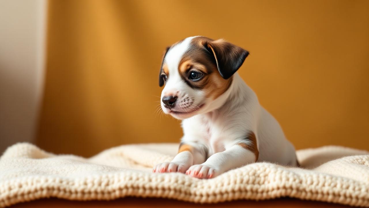 Chiot assis sur une couverture crème dans une lumière chaleureuse