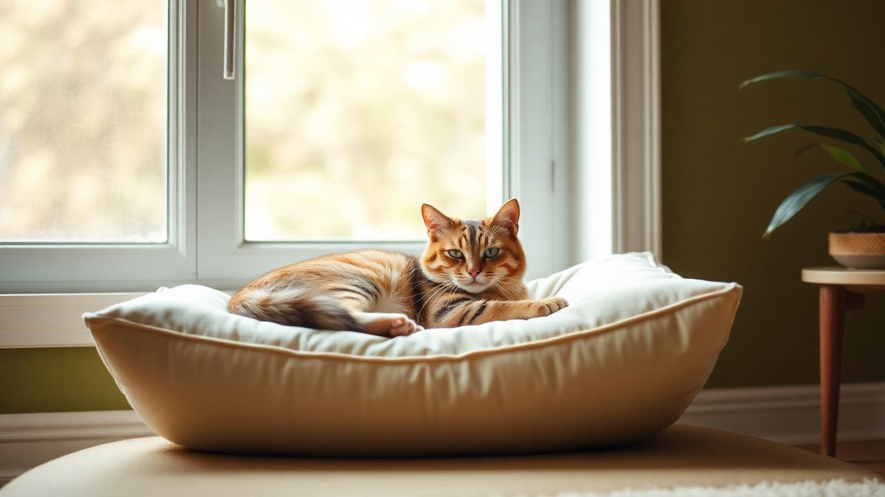 Chat d'intérieur confortablement installé sur un coussin