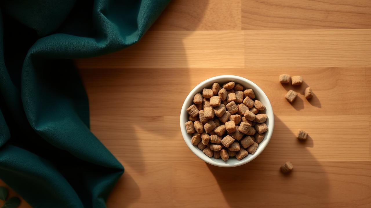 Bol de croquettes premium pour chat sur plan de travail en bois